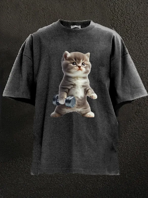 Punk T-Shirt-Exercise Cat Washed Gym Shirt