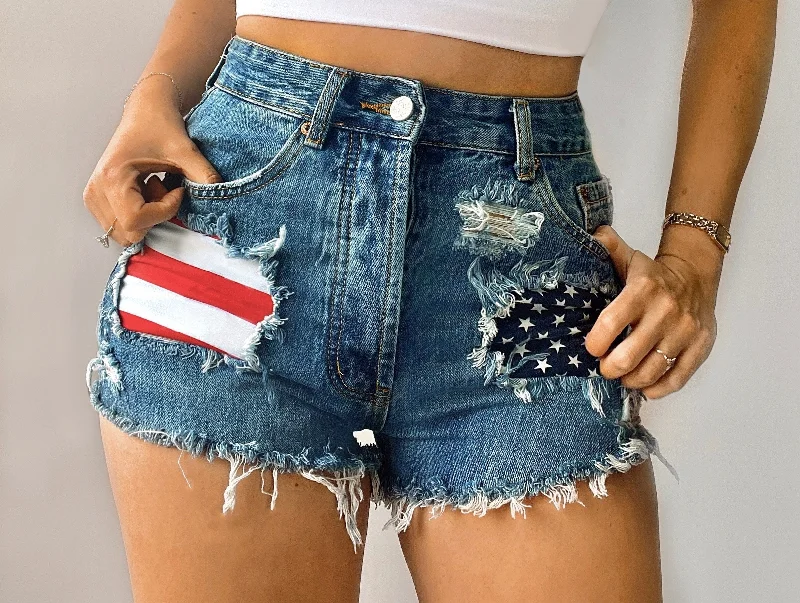 Classic Shorts-Patriotic Distressed High Waisted Denim Shorts  - American Flag - The Betsy