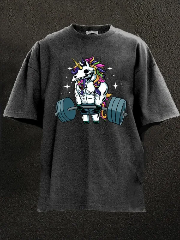 Graphic T-Shirt-WEIGHTLIFTING SKELETON UNICORN Washed Gym Shirt