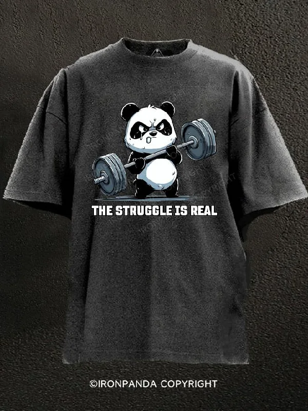 Nerdy T-Shirt-The Struggle Is Real Panda Weightlifting Washed Gym Shirt