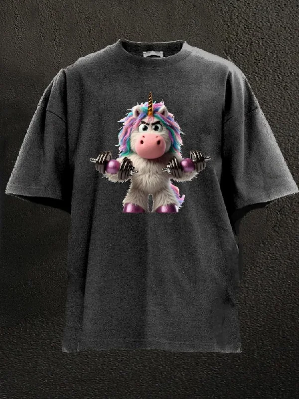 Classic Crew Neck T-Shirt-Unicorn Weightlifting Washed Gym Shirt