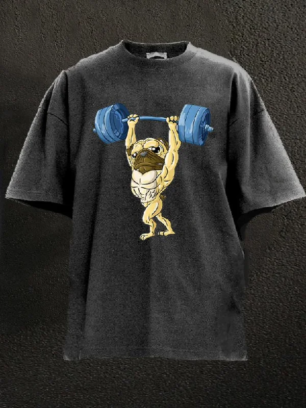 Bold Print T-Shirt-Pug Weightlifting Washed Gym Shirt