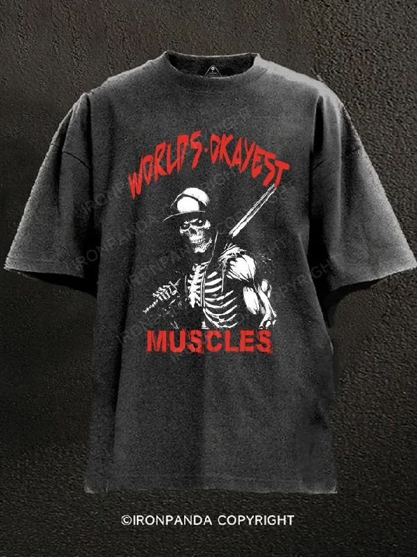 Classic Crew Neck T-Shirt-WORLD'S OKAYEST MUSCLES skeleton  Washed Gym Shirt