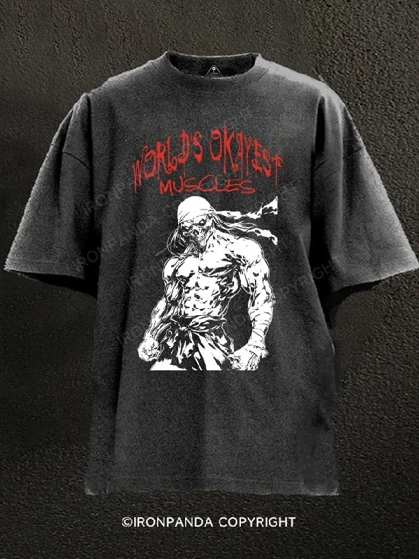 Modern Fit T-Shirt-WORLD'S OKAYEST MUSCLES skeleton Washed Gym Shirt