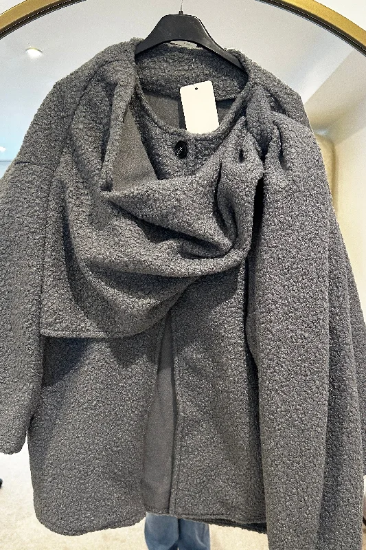 Puffer Jacket-Scarf Wrap Jacket - Grey