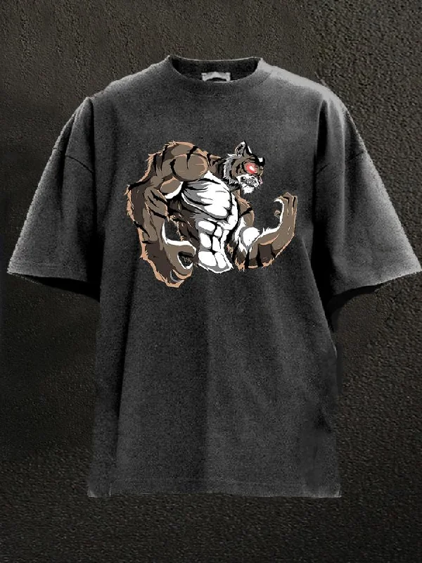 Modern Fit T-Shirt-Tiger Powerlifter Strongman Washed Gym Shirt