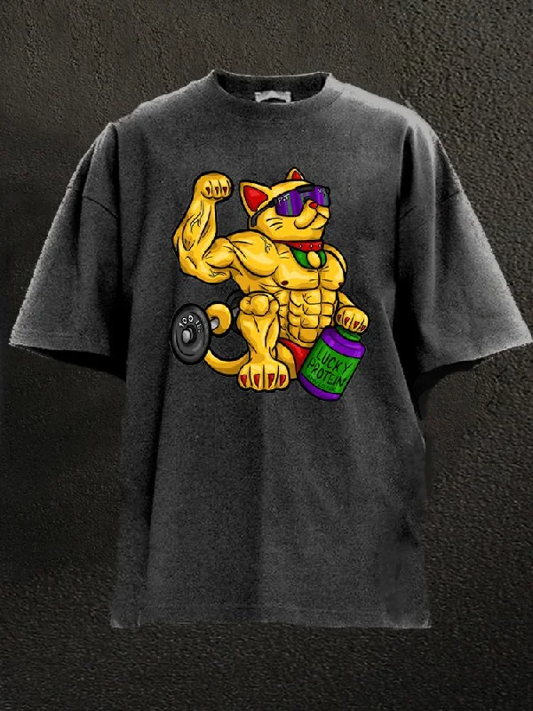 Cartoon T-Shirt-Lucky Protein Washed Gym Shirt