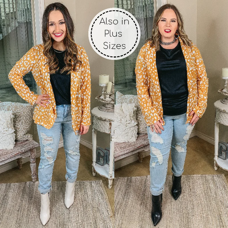 Rugged Jacket-Out Of Office Leopard Print Open Front Blazer with Long Sleeves in Mustard Yellow