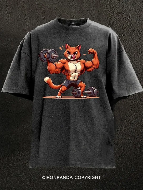 Comfortable T-Shirt-strong cat Washed Gym Shirt