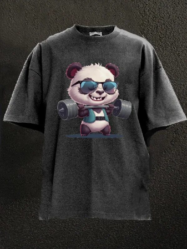 Stretch T-Shirt-panda lifting weights Washed Gym Shirt