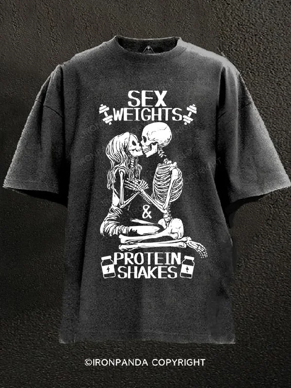 Embroidered T-Shirt-SEX WEIGHTS & PROTEIN SHAKES Washed Gym Shirt