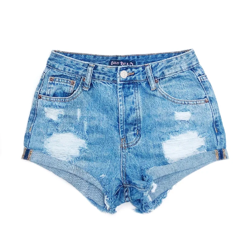 Lightweight Shorts-Distressed High Waisted Denim Shorts  - Outer Rolled - The Nova