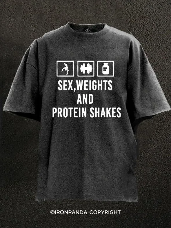 Printed T-Shirt-sex, weights and protein Washed Gym Shirt