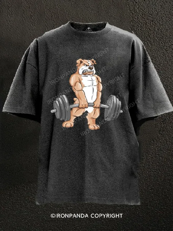 Fitted T-Shirt-Bulldog at bodybuilding with barbell Washed Gym Shirt