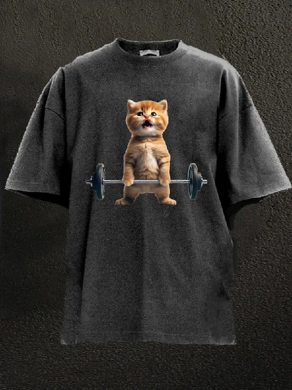 Neon T-Shirt-Cat Weightlifting Washed Gym Shirt