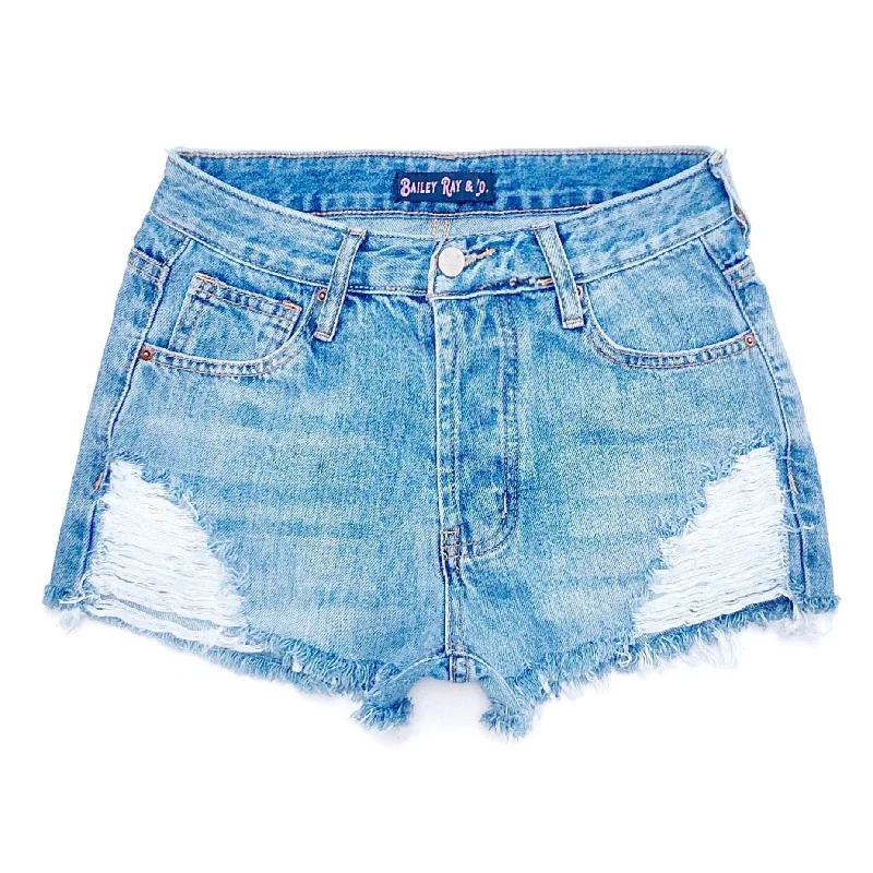 Elastic Waist Shorts-Distressed High Waisted Denim Shorts  - The Annabelle