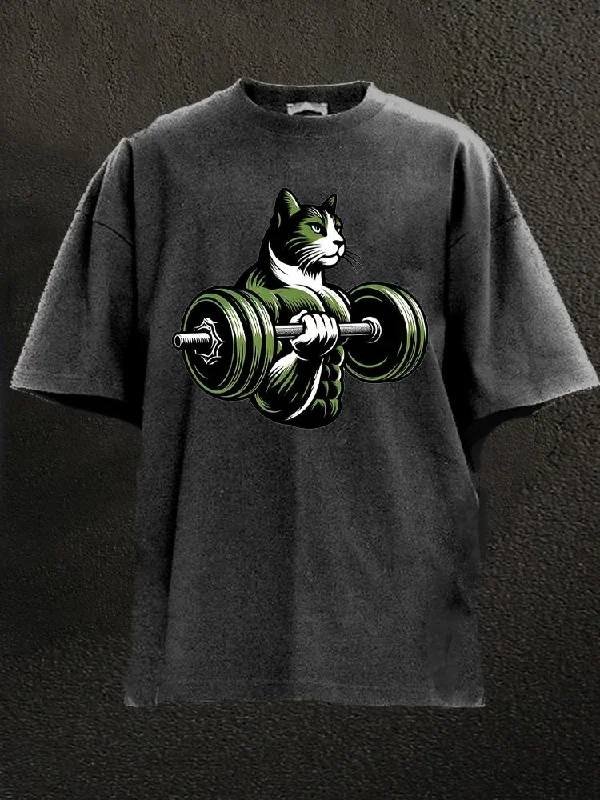 Striped T-Shirt-Bodybuilding cat lover Washed Gym Shirt