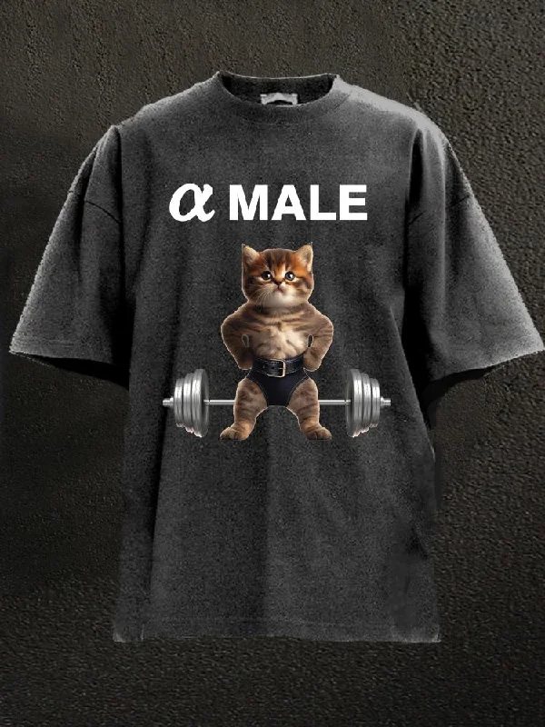 Artistic Graphic T-Shirt-Alpha Male Cat Washed Gym Shirt