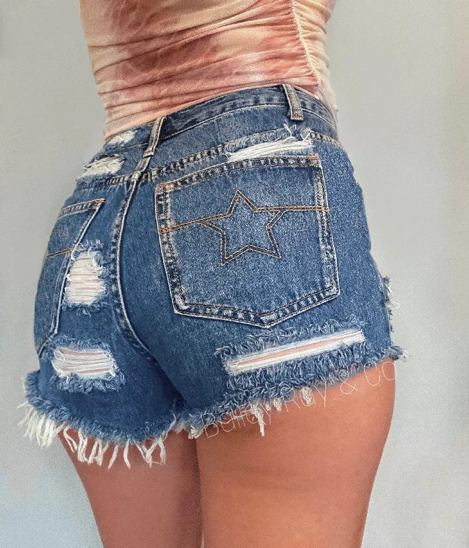 Skate Shorts-Back Distressed High Waisted Denim Shorts  - The Lucy