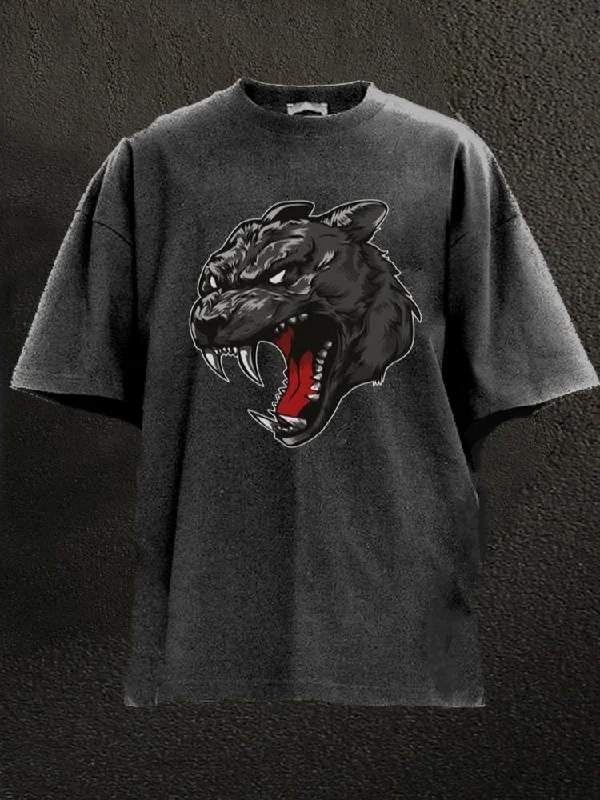 Embroidered T-Shirt-Panther Head Washed Gym Shirt