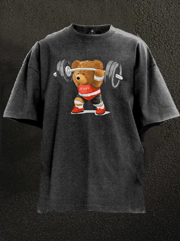 Embroidered T-Shirt-bear weightlifting Washed Gym Shirt