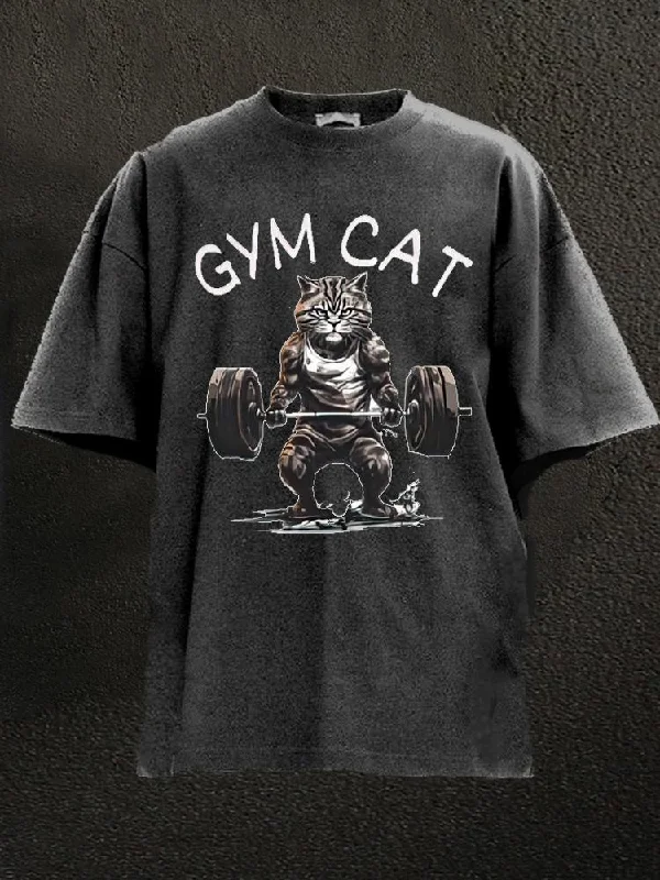 Anime T-Shirt-Gym Cat Washed Gym Shirt